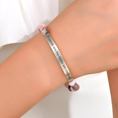 Inspirational Bracelets for Women,18K Gold Plated Christian Bible Verse Faith Jewelry, Religious Jesus Prayer Gift for Mom, Sister, Friend - color: Friends are the family we choose.-Pink Zebra Jasper-Silver