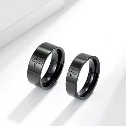 Men's Cross Ring Black/Silver Christian Wedding Band Stainless Steel - color: 8mm,black