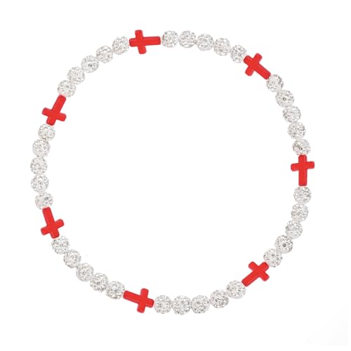 Baseball Bead Cross Necklace for Boys Kids, Elastic Rhinestone Bling Necklace Drip Gifts for Teens Players - color: Red Cross/White