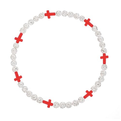 Baseball Bead Cross Necklace for Boys Kids, Elastic Rhinestone Bling Necklace Drip Gifts for Teens Players - color: Red Cross/White