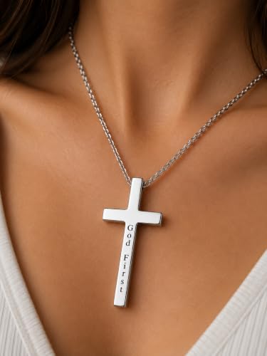 Engraved Cross Necklace for Men, Women & Boys & Girls Cross Necklace, Stainless Steel Cross Pendant Necklace, Faith & Inspiration Christian Jewelry Gift - color: God First