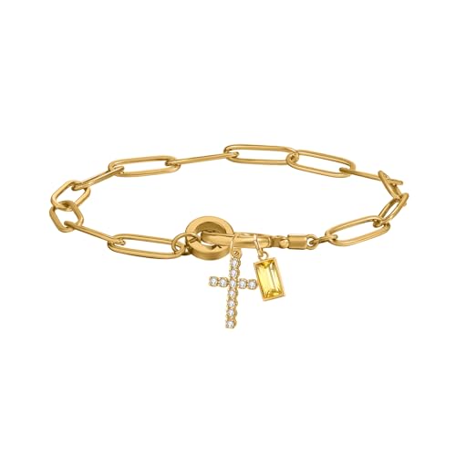 Paperclip Birthstone Cross Charm Bracelet – 18K Gold Plated Link Chain with Cross Charm & Personalized Birthstone, Adjustable Faith Jewelry Gift for Women, Baptism Confirmation Birthday - color: Nov - Citrine