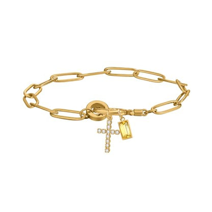 Paperclip Birthstone Cross Charm Bracelet – 18K Gold Plated Link Chain with Cross Charm & Personalized Birthstone, Adjustable Faith Jewelry Gift for Women, Baptism Confirmation Birthday - color: Nov - Citrine