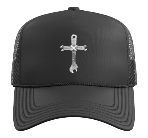 Mechanic Cross of Wrenches Inspiring Christian Faith Trucker Hat with Adjustable Mesh Back - color: Black