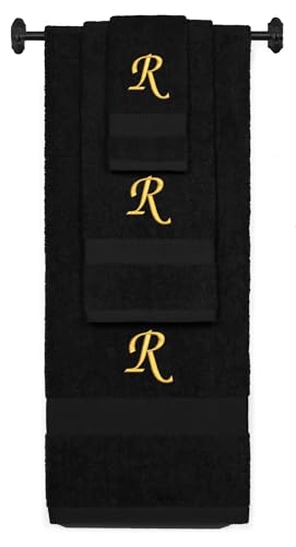 BY LORA Monogrammed Bath, Hand, Washcloth Cotton Towel Set, Personalized Embroidery - R - color: Black & Gold, size: Initial R