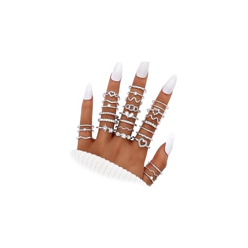 Gold Stackable Rings Set for Women, Gold Plated Chunky Crystal Finger Rings - color: Silver Thin Rings