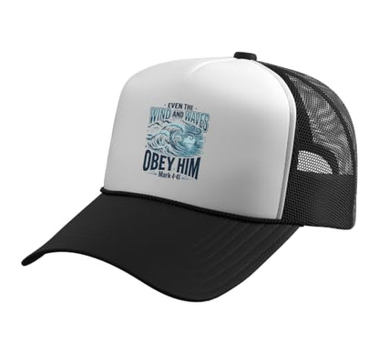 Christian Faith Bible Verse Jesus Wind and Waves Religious Trucker Hat with Adjustable Mesh Back - color: Black/White