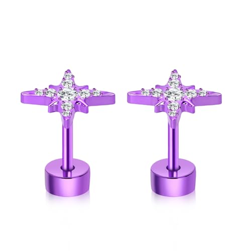 XUU Purple Stud Earrings 20G ASTM F136 Implant-Grade Titanium - color: purple cross star