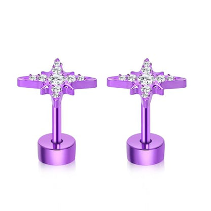 XUU Purple Stud Earrings 20G ASTM F136 Implant-Grade Titanium - color: purple cross star