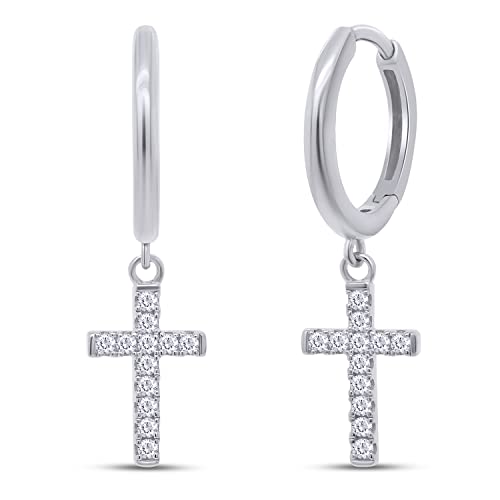 Religious Cross Dangle Drop Earrings Women Sterling Silver 0.20 CT (1/5 Ct) - color: White Gold Over Silver