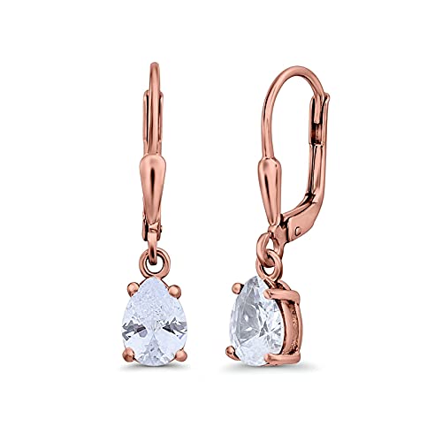 Teardrop Bridal Dangling Leverback Earrings Pear Cubic Zirconia 925 Sterling Silver - color: Rose Tone, Simulated Cubic Zirconia