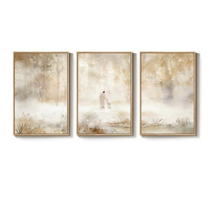 Large Framed Christian 3 Piece Wall Art Jesus Leaves the 99 Sheep, 24X36 in - color: Leaves the 99, size: 24"W x 36"H