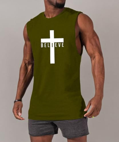 Men's Cotton Graphic Tank Tops Jesus Cross Believe Printed Faith Christian Shirts - color: ##Army Green, size: 3X-Large