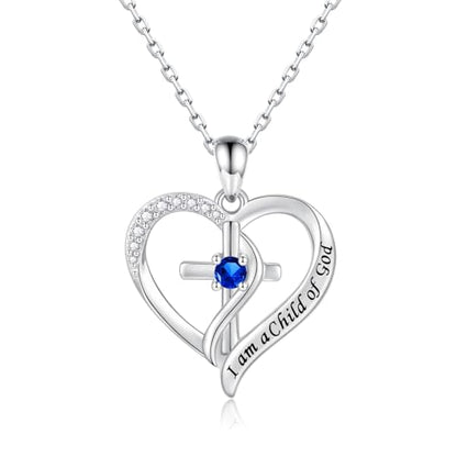 925 Sterling Silver I Am a Child of God Scripture Pendant with Birthstone Heart Cross Communion Necklace for Women Christian Faith Jewelry Gift - color: September