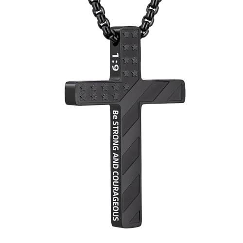 Cross Necklace for Men Black Gold Silver American Flag Pendant Chain Bible Verse Stainless Steel Necklaces Mens Stocking Stuffers for Christmas Christian Gifts - color: black, style: 1:9-