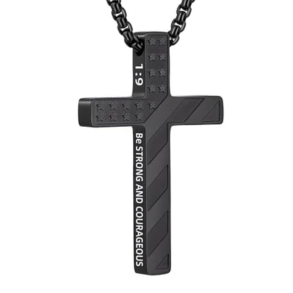 Cross Necklace for Men Black Gold Silver American Flag Pendant Chain Bible Verse Stainless Steel Necklaces Mens Stocking Stuffers for Christmas Christian Gifts - color: black, style: 1:9-
