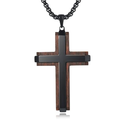Wooden Cross Necklace for Men, Real Ebony Mens Cross Necklaces Black Stainless Steel Christian Christian Gifts for Men Wood Crucifix Pendant, with Necklace 24" Round Box Chain