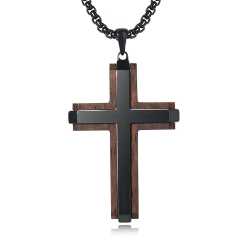 Wooden Cross Necklace for Men, Real Ebony Mens Cross Necklaces Black Stainless Steel Christian Christian Gifts for Men Wood Crucifix Pendant, with Necklace 24" Round Box Chain