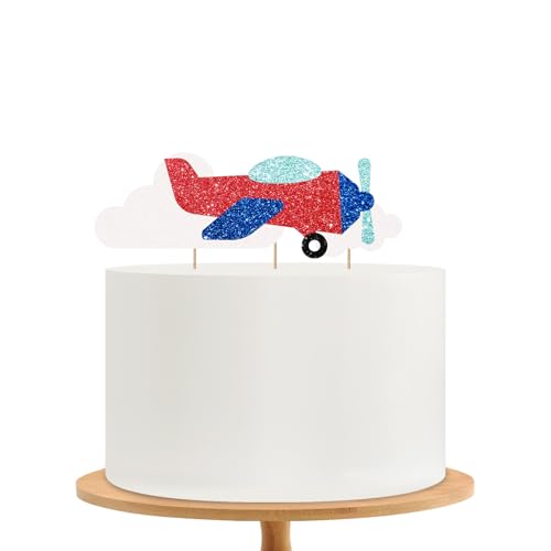 Airplane Cake Topper, Airplane Birthday Cake Decor, Red Glitter How Time Files Cake Topper for Kids, Plane Travel Themed Birthday/Baby Shower Party Decoration - style: Airplane