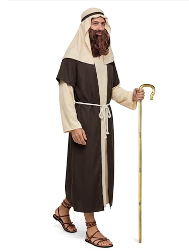 SOMSOC Mens Biblical Saint Joseph Sherherd Costume Jesus Robe Costume Beard Staffs Headwrap Hat Waist Rope Set - size: X-Large