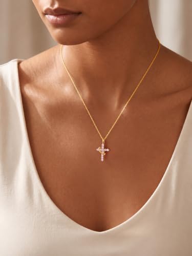 925 Sterling Silver Cross With Crown Necklace for Women 16+2 Inch - color: Gold-Pink CZ