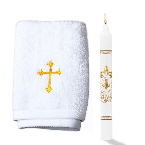Baptism Candle Set for Boy Girls, Gold Baptismal Candles with Towel - color: Baptism Candle Set