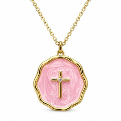 Enamel Cross Necklace for Women 18K Gold Plated Christian Pendant - color: Pink