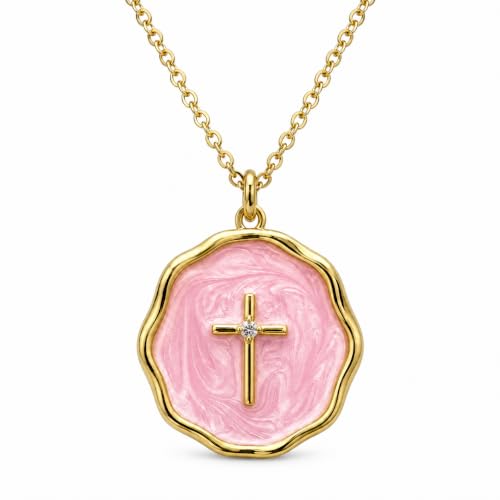 Enamel Cross Necklace for Women 18K Gold Plated Christian Pendant - color: Pink