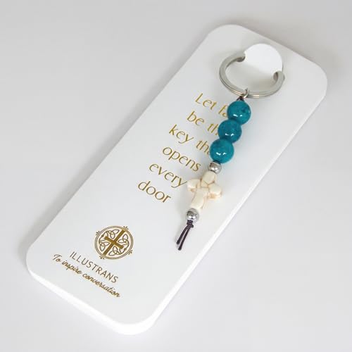 Christian Cross Keychain - Natural Stone Beaded Faith Gift for Baptism, Confirmation or Christmas - color: Ocean Blue