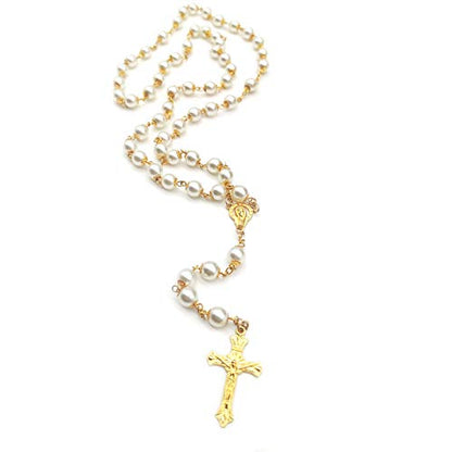 Rosary Beads Catholic for Women Girls, First Holy Communion Rosary Gifts for Girls Catholic, Gold White Rosary Necklace for Women Imitation Pearl Beads Necklace Rosarios Catolicos - color: White