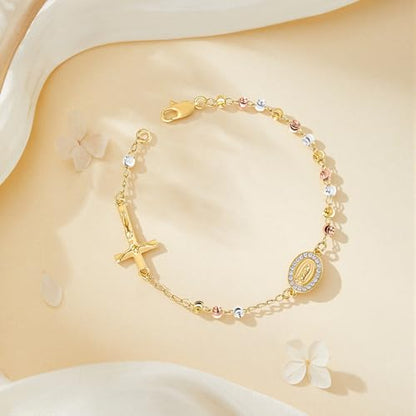 Rosary Cross Bracelet for Women, Virgin Mary Gold Silver Rose Gold 4mm Rosary Beads Catholic Bracelet - color: Gold-Silver-Rose Gold