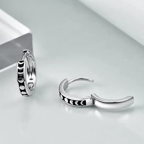 AOBOCO Black Hoops Earrings for Men Sterling Silver Viking Celtic Cross Heart Skull Round Triangle Hoop Earrings Birthday Father Day Christmas Jewelry Gifts for Men Women Friends - style: Round Moonphase Hoops