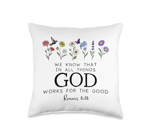 Romans 8:28 Christian Bible Verse We Know God Works for Good Throw Pillow - size: 16x16