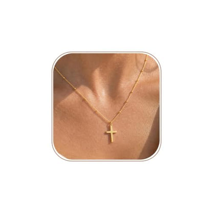 Gold Cross Necklace for Women Dainty 14K Gold Plated Cross Necklace - color: Gold-Satellite Chain