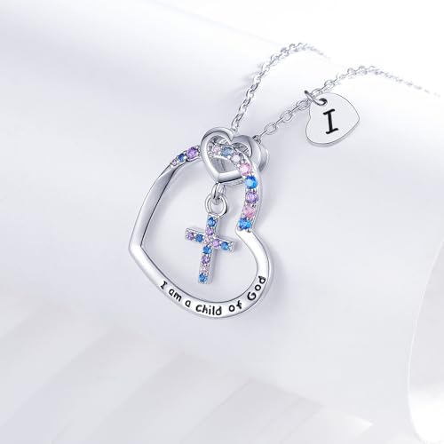 Cross Necklace for Girls | I am a child of God Necklace for Girls | Heart Letter initial | 18K White Gold Plated Pendant Jewelry First Communion Baptism Gifts Christmas Birthday Gifts for Girl Women - color: I