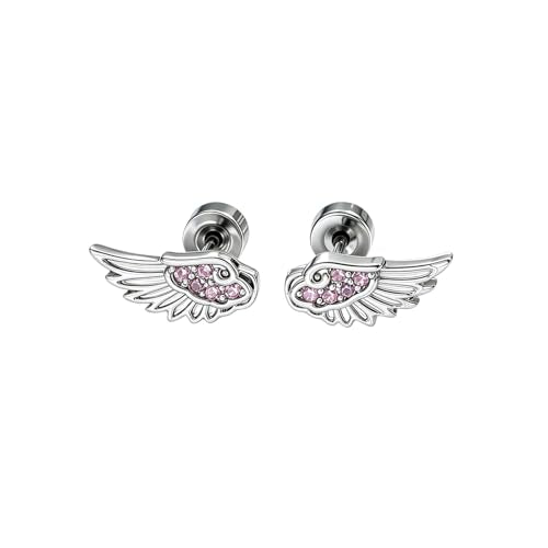 Angel Wing Earrings for Women Statement Flat Back Cartilage Stud Earrings Trendy Angel Wing Helix Piercing Stud Silver Cubic Zirconia Earring Jewelry Accessories - color: Hot Pink