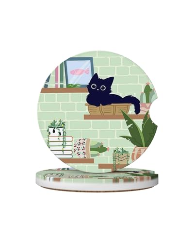 Ceramic Car Cup Coasters 2PCS - Bookshelf Cat - color: Bookshelf Cat
