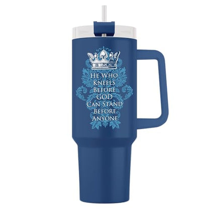 40oz Christian Tumbler for Men with Handle, Straw & Leak-Proof Lid – Insulated Stainless Steel Travel Mug with Bible Verses & Inspirational Quotes – Faith-Based Gift for Him – He Who Kneels - color: He Who Kneels