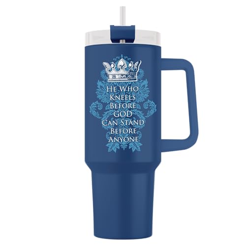 40oz Christian Tumbler for Men with Handle, Straw & Leak-Proof Lid – Insulated Stainless Steel Travel Mug with Bible Verses & Inspirational Quotes – Faith-Based Gift for Him – He Who Kneels - color: He Who Kneels
