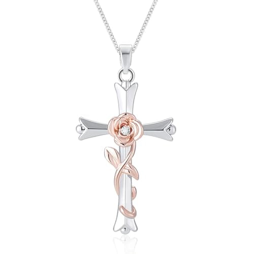 ACECHA Silver Cross Necklace for Women, Crosses Pendant with Birthflower - color: Rose-Love