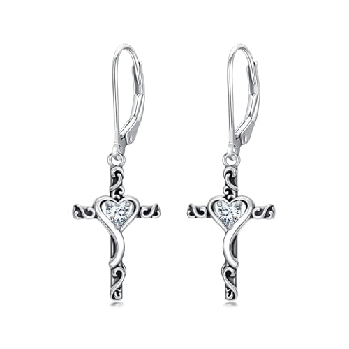 TOUPOP Cross Birthstone Earrings 925 Sterling Silver Heart Cross Dangle Earrings Fine Jewelry Christmas Birthday Gifts for Women Wife Mom Her - color: White Gold-04-April-Synthetic Diamond