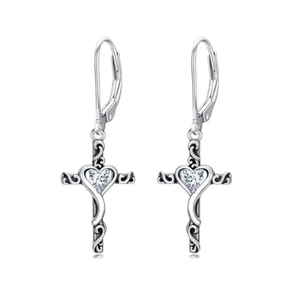 TOUPOP Cross Birthstone Earrings 925 Sterling Silver Heart Cross Dangle Earrings Fine Jewelry Christmas Birthday Gifts for Women Wife Mom Her - color: White Gold-04-April-Synthetic Diamond
