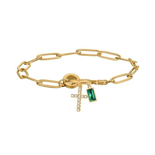 Paperclip Birthstone Cross Charm Bracelet – 18K Gold Plated Link Chain with Cross Charm & Personalized Birthstone, Adjustable Faith Jewelry Gift for Women, Baptism Confirmation Birthday - color: May - Emerald