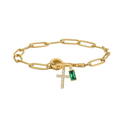 Paperclip Birthstone Cross Charm Bracelet – 18K Gold Plated Link Chain with Cross Charm & Personalized Birthstone, Adjustable Faith Jewelry Gift for Women, Baptism Confirmation Birthday - color: May - Emerald