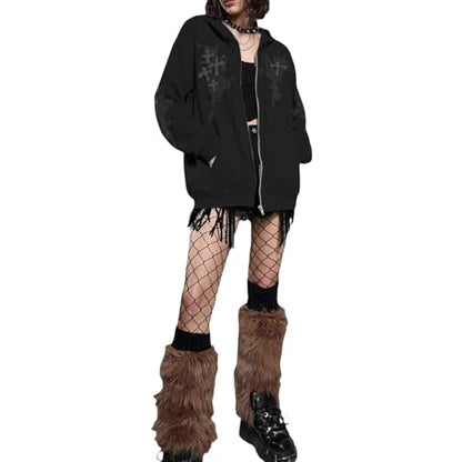 Zip Up Hoodies Y2k Jacket Graphic Gothic Jackets Grunge Cross Hoodie Baggy Streetwear Emo Sweater Aesthetic Clothes - color: Black, size: Small