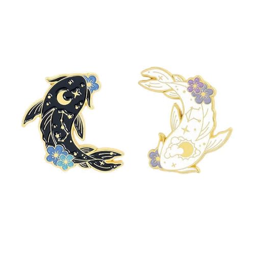 2Pcs coadipress Lovely Fish Brooch Enamel Lapel Brooches Pin Set Cute Cartoon Koi Fish Pins for DIY Backpacks Clothes Bags Jackets Hat Jewelry Accessories Gift - color: Flower Black White