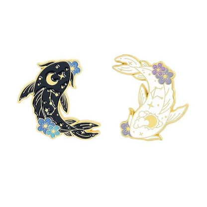 2Pcs coadipress Lovely Fish Brooch Enamel Lapel Brooches Pin Set Cute Cartoon Koi Fish Pins for DIY Backpacks Clothes Bags Jackets Hat Jewelry Accessories Gift - color: Flower Black White