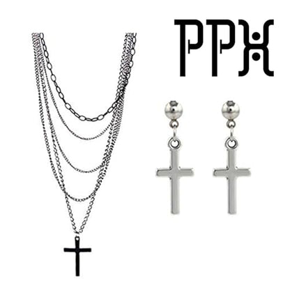 PPX Multilayer Gothic Retro 80s Black Long Chain Fashion Cross Necklace and Stainless Steel Dangling Cross Earrings for Men Women-with Storage Box