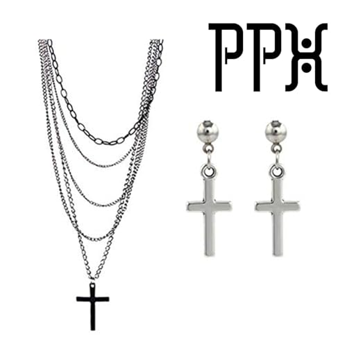 PPX Multilayer Gothic Retro 80s Black Long Chain Fashion Cross Necklace and Stainless Steel Dangling Cross Earrings for Men Women-with Storage Box