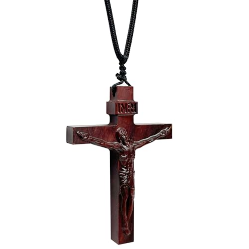 Wooden Crucifix Necklace for Men Women, Brown Wood Cross Christian Jesus Catholic Handmade Natural Pendant Chain, Braided Cord Rope, Religious Jewelry Spiritual Gift for Baptism Confirmation Easter
